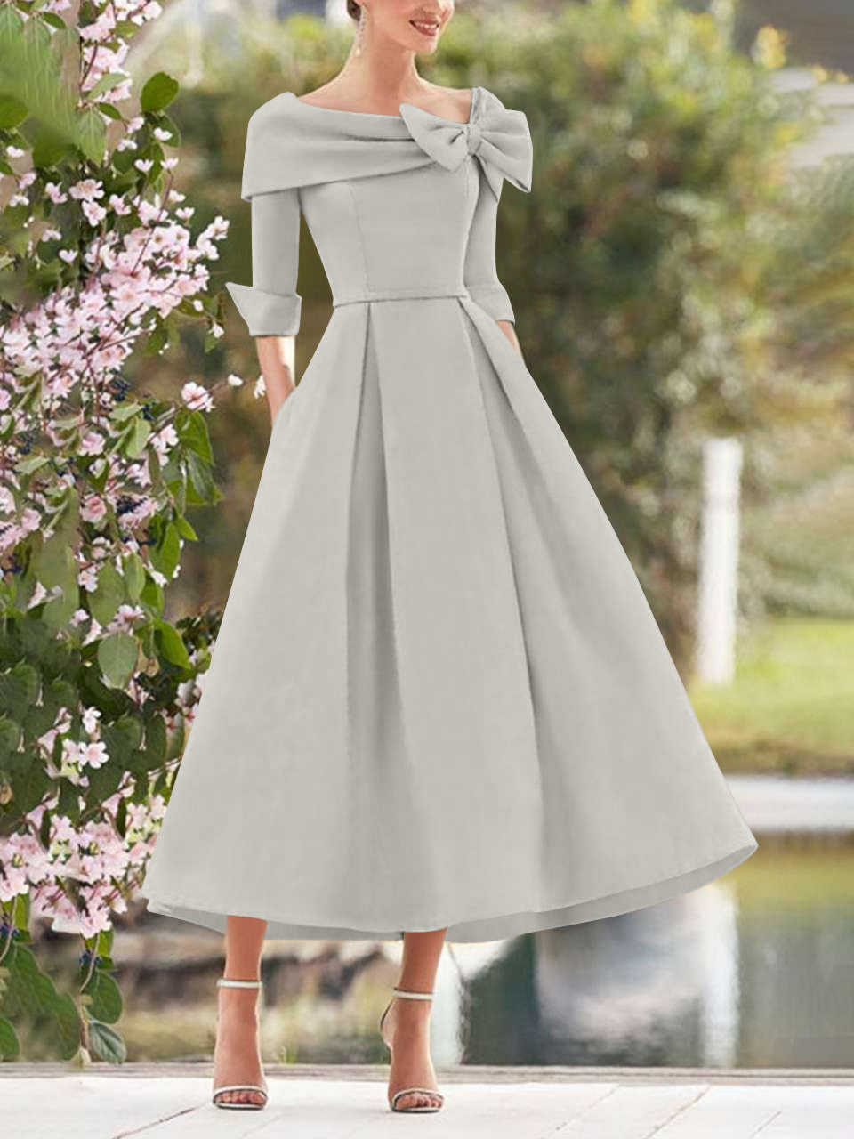 A Line Princess Cowl Neck Bow S 3 4 Sleeves Tea Length Elegant Mother Of The Bride Groom Dresses