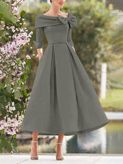 A Line Princess Cowl Neck Bow S 3 4 Sleeves Tea Length Elegant Mother Of The Bride Groom Dresses