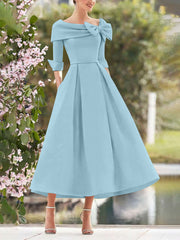 A-Line/Princess Cowl Neck Bow(s) 3/4 Sleeves Tea Length Elegant Mother of the Bride & Groom Dresses