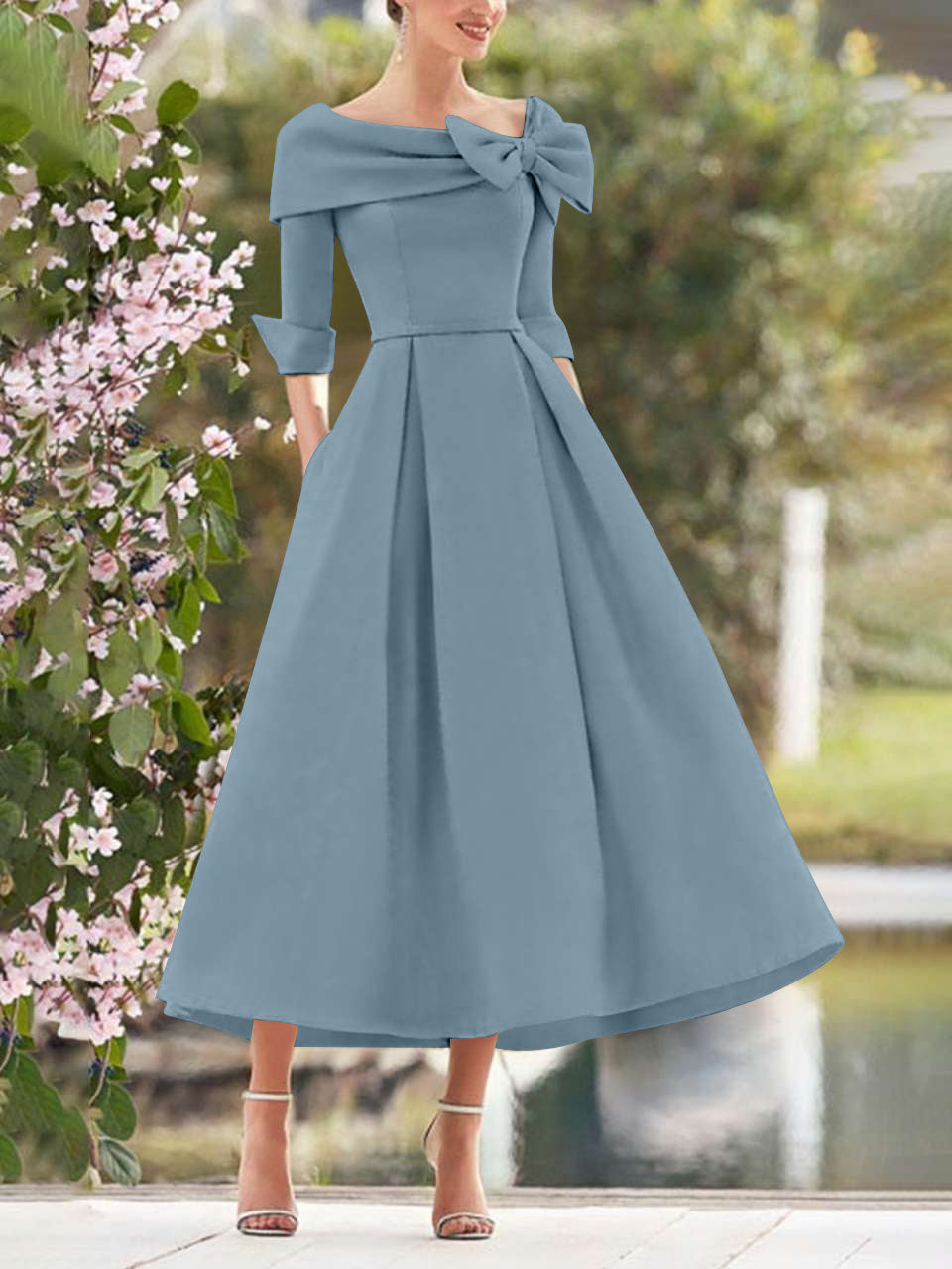 A Line Princess Cowl Neck Bow S 3 4 Sleeves Tea Length Elegant Mother Of The Bride Groom Dresses