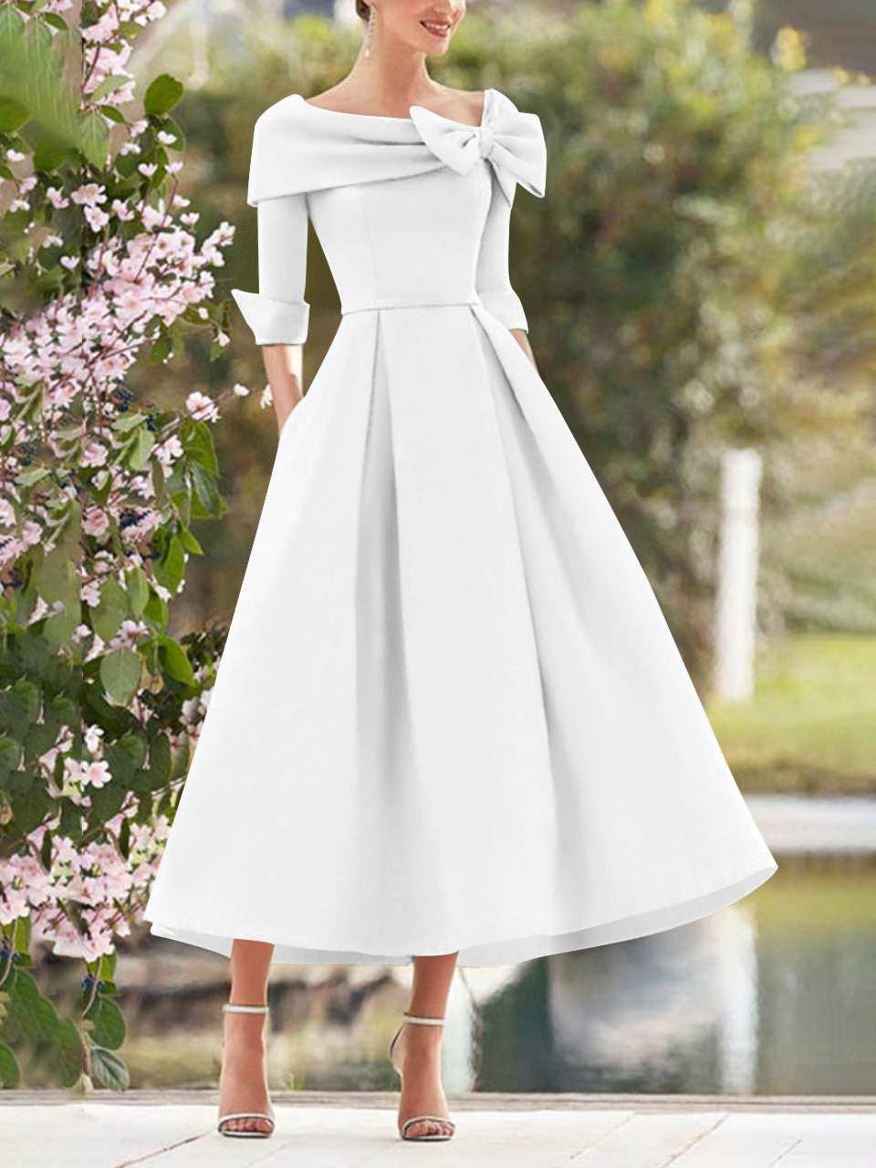 A Line Princess Cowl Neck Bow S 3 4 Sleeves Tea Length Elegant Mother Of The Bride Groom Dresses
