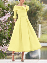 A-Line/Princess Cowl Neck Bow(s) 3/4 Sleeves Tea Length Elegant Mother of the Bride & Groom Dresses