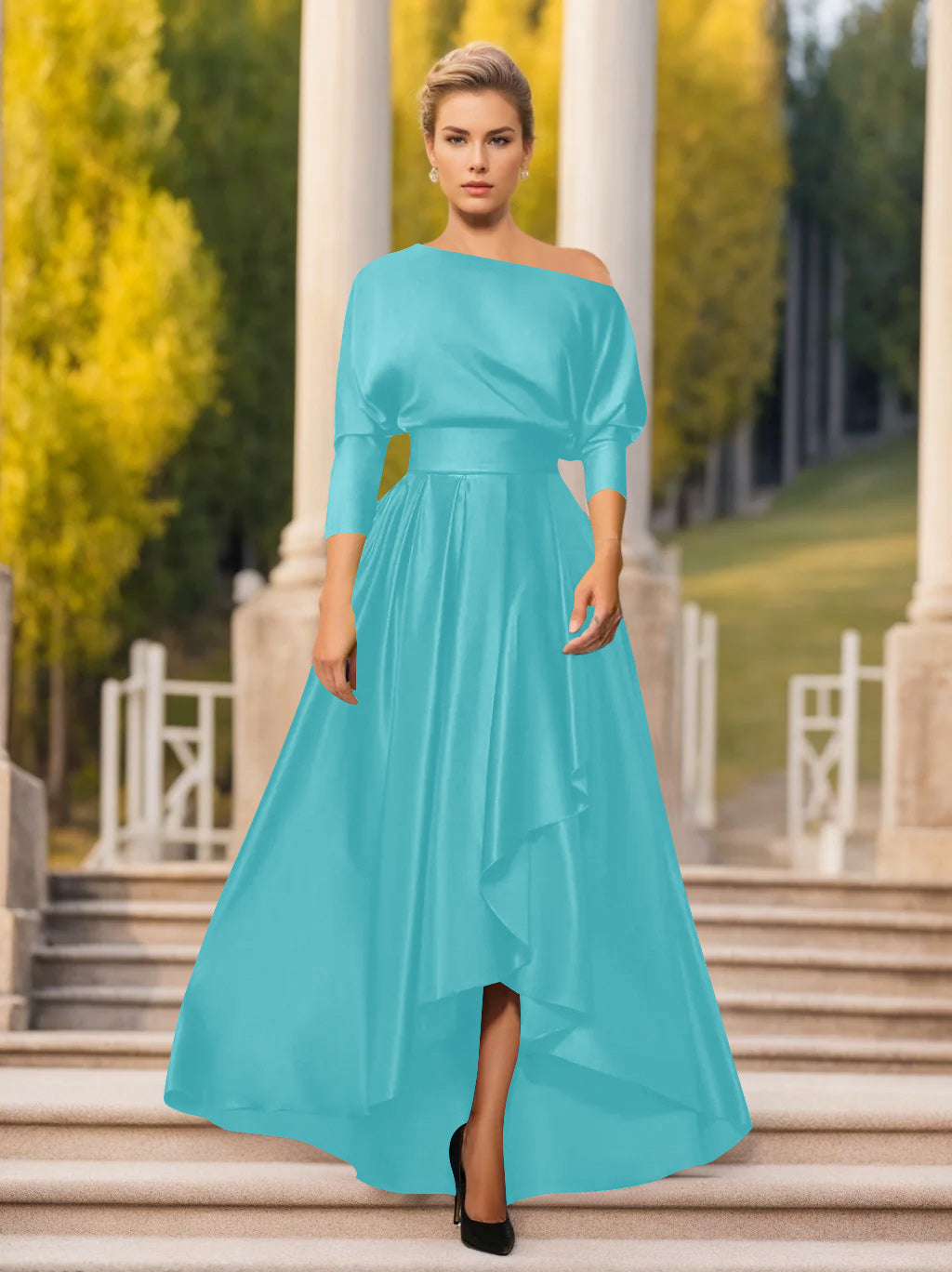 A Line Princess One Shoulder 3 4 Sleeves Asymmetrical Mother Of The Bride Groom Dresses