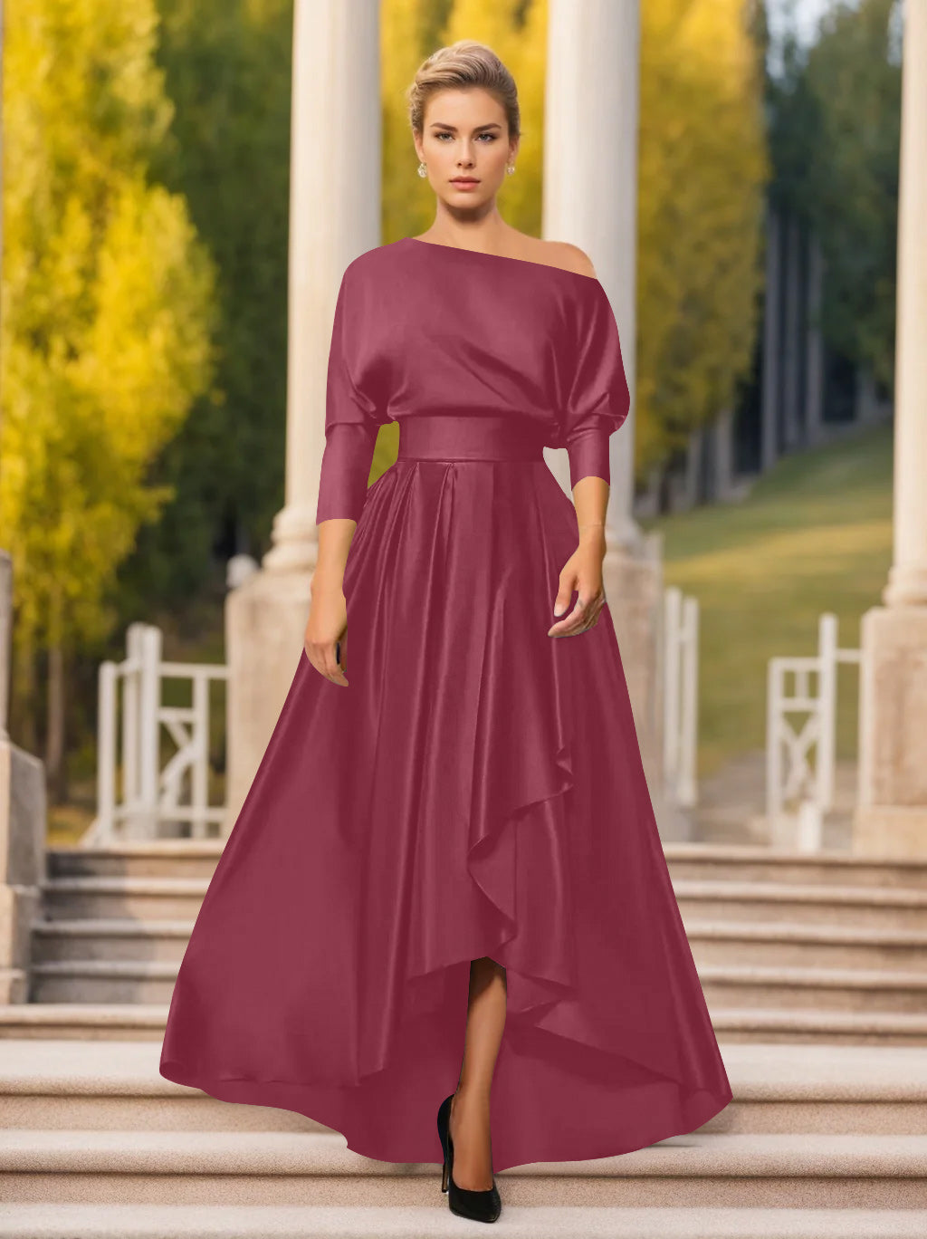 A Line Princess One Shoulder 3 4 Sleeves Asymmetrical Mother Of The Bride Groom Dresses