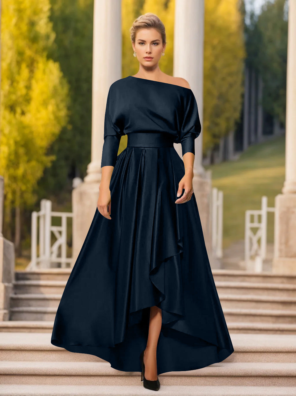 A Line Princess One Shoulder 3 4 Sleeves Asymmetrical Mother Of The Bride Groom Dresses