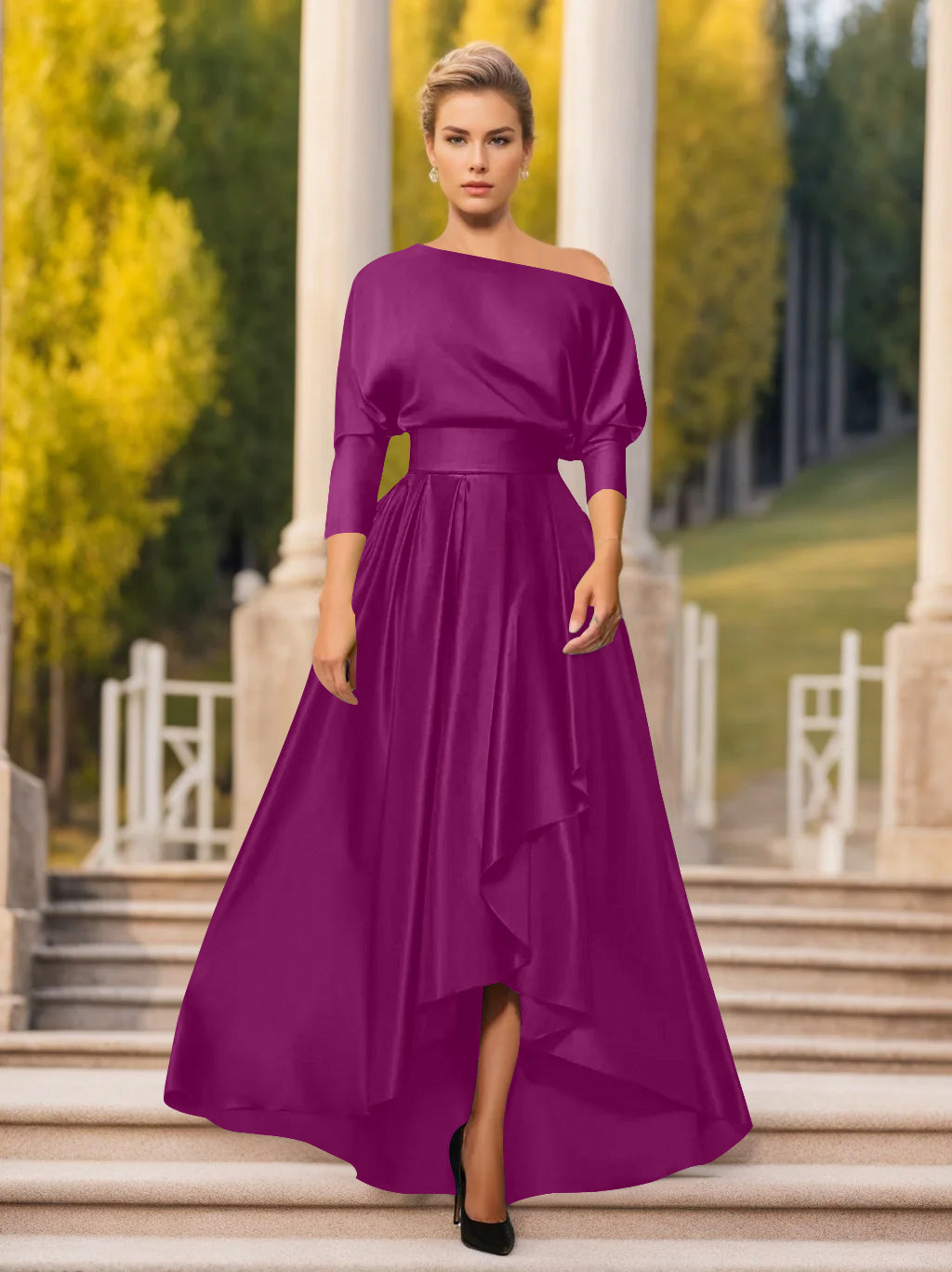 A Line Princess One Shoulder 3 4 Sleeves Asymmetrical Mother Of The Bride Groom Dresses