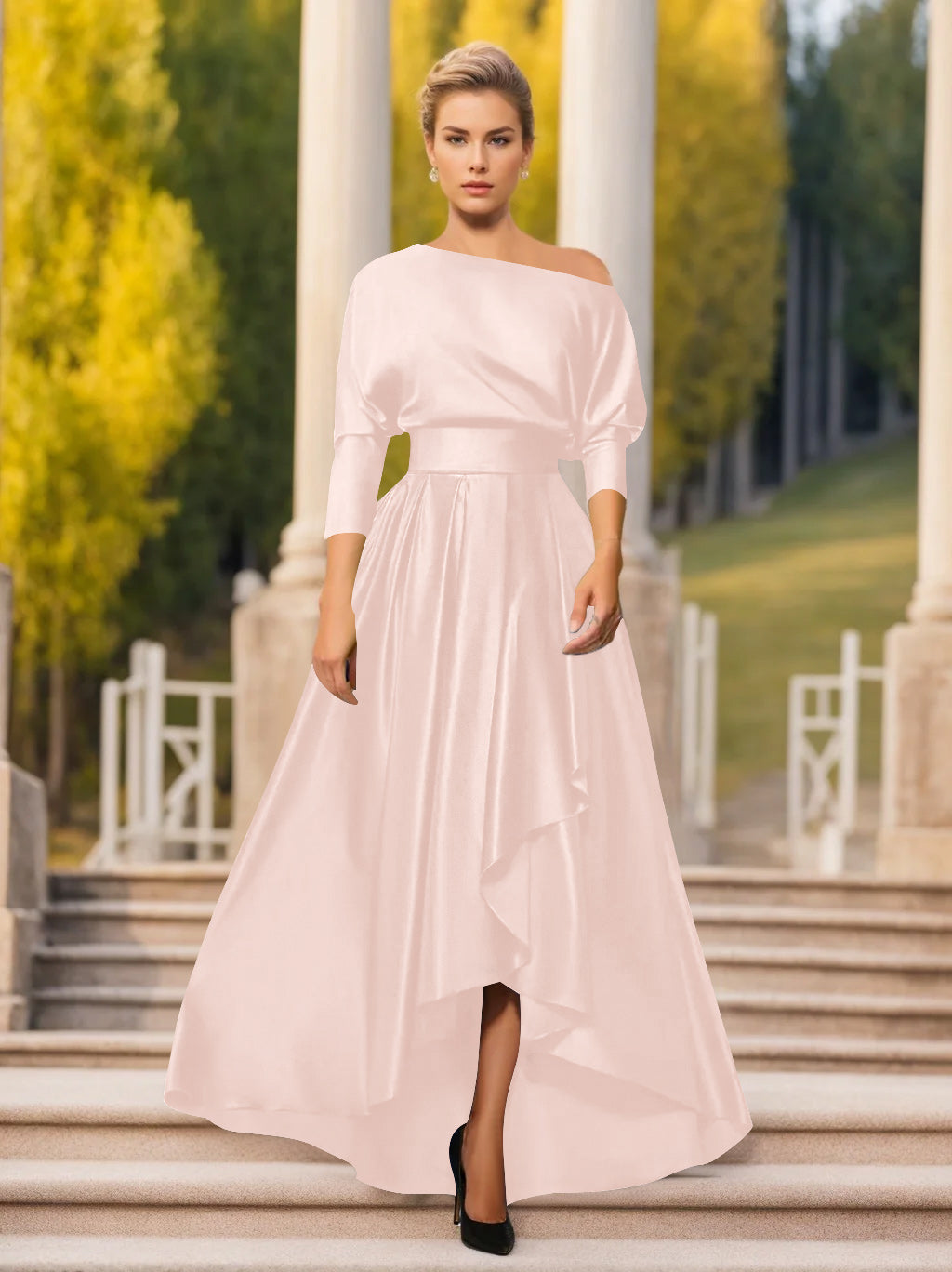 A Line Princess One Shoulder 3 4 Sleeves Asymmetrical Mother Of The Bride Groom Dresses