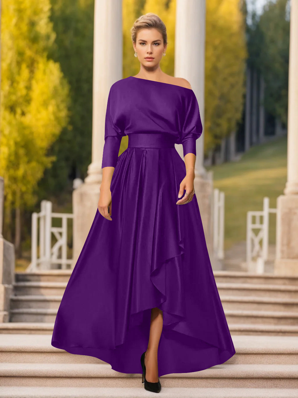 A Line Princess One Shoulder 3 4 Sleeves Asymmetrical Mother Of The Bride Groom Dresses