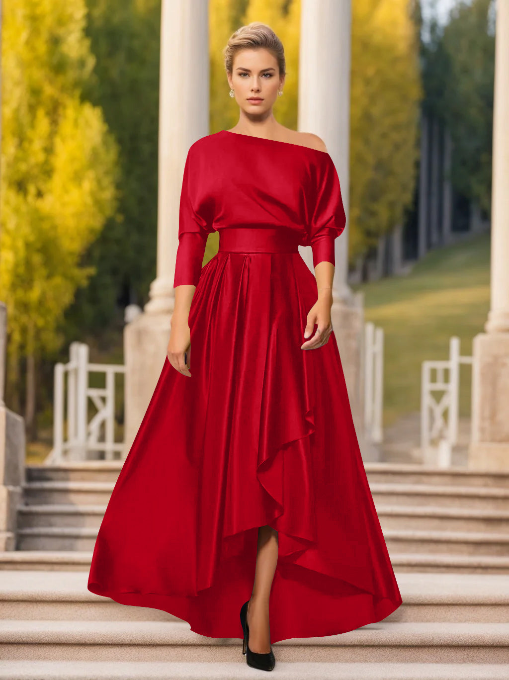 A Line Princess One Shoulder 3 4 Sleeves Asymmetrical Mother Of The Bride Groom Dresses