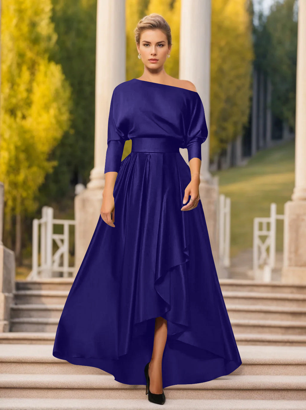 A Line Princess One Shoulder 3 4 Sleeves Asymmetrical Mother Of The Bride Groom Dresses