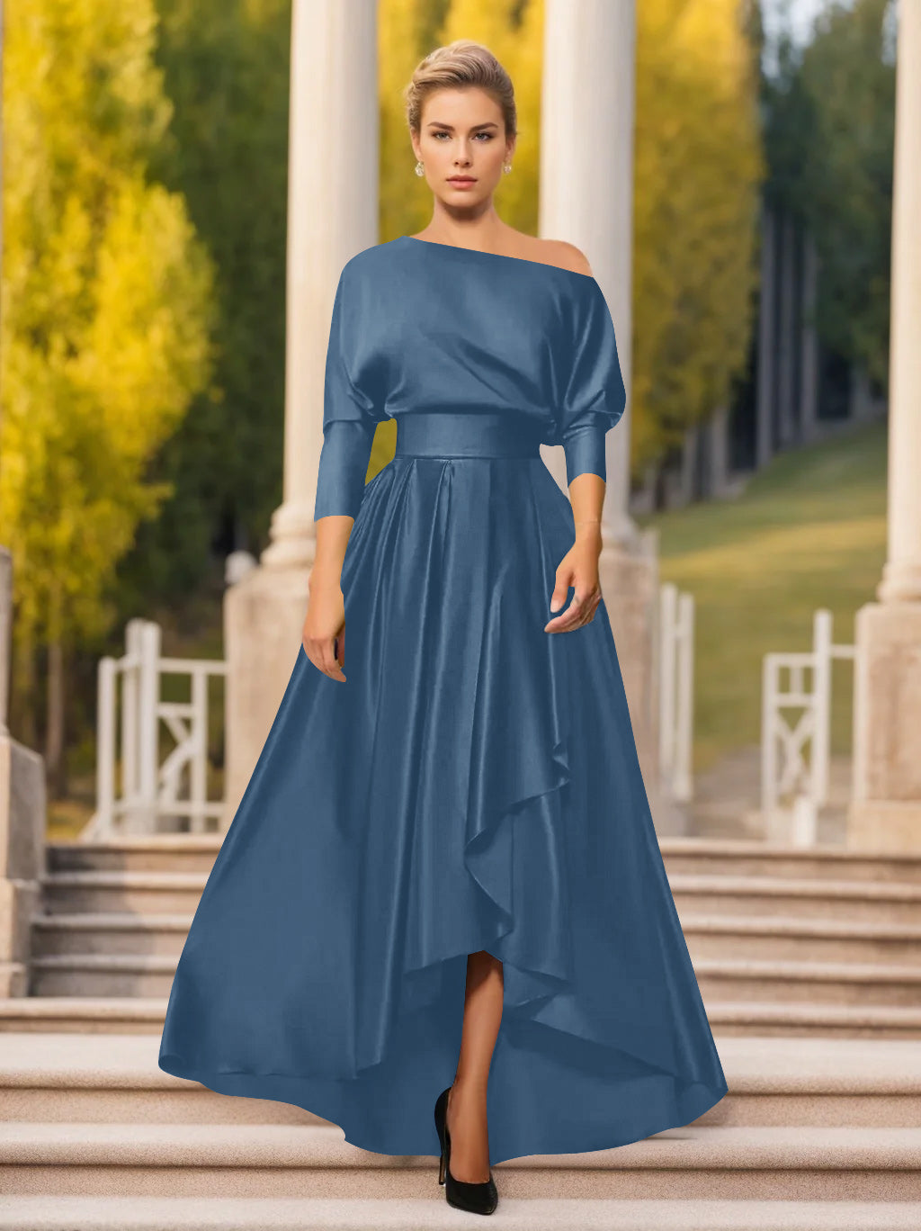 A Line Princess One Shoulder 3 4 Sleeves Asymmetrical Mother Of The Bride Groom Dresses
