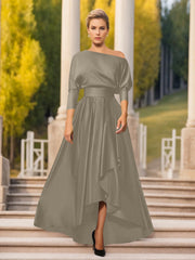 A Line Princess One Shoulder 3 4 Sleeves Asymmetrical Mother Of The Bride Groom Dresses