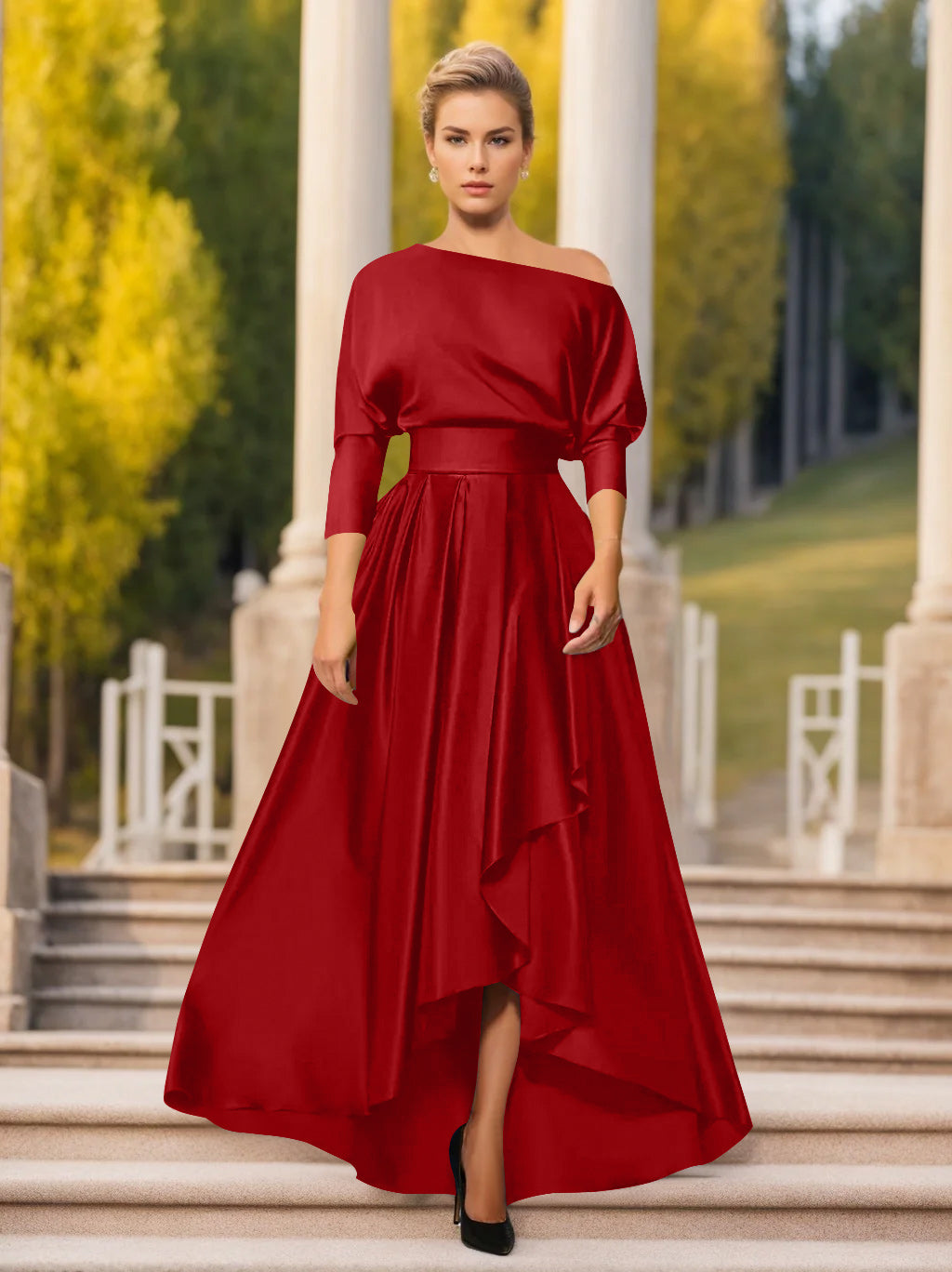 A Line Princess One Shoulder 3 4 Sleeves Asymmetrical Mother Of The Bride Groom Dresses