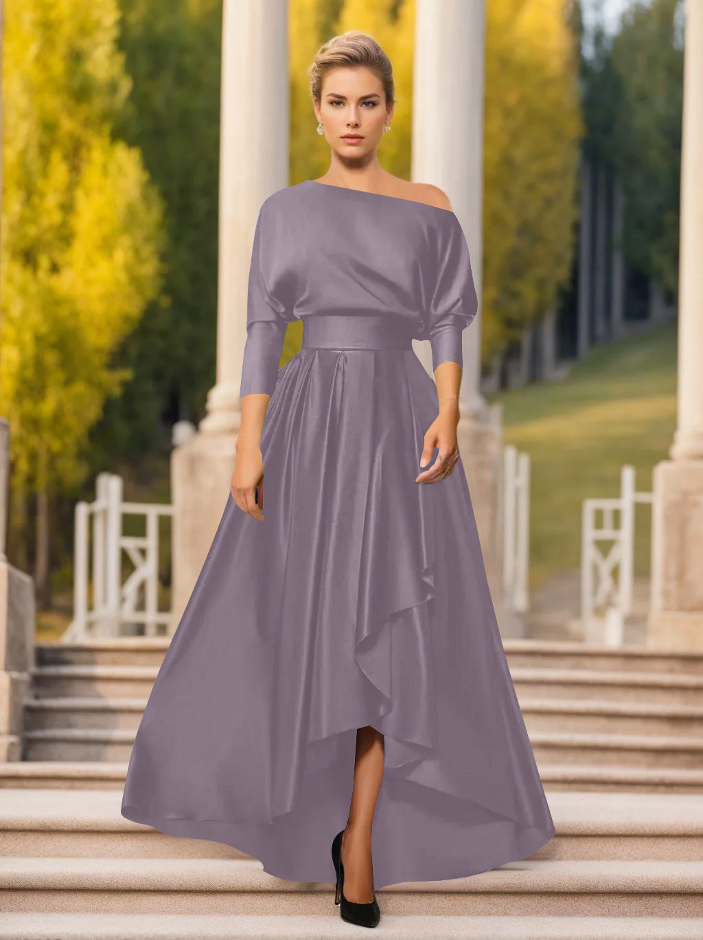 A Line Princess One Shoulder 3 4 Sleeves Asymmetrical Mother Of The Bride Groom Dresses