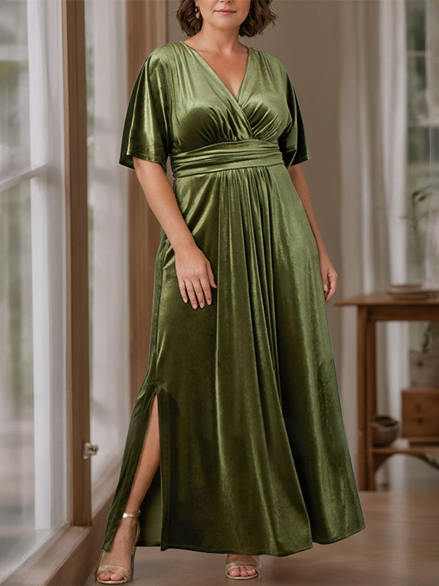 A Line Princess V Neck Half Sleeves Floor Length Plus Size Velvet Mother Of The Bride Dresses With Ruffles