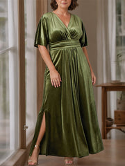 A Line Princess V Neck Half Sleeves Floor Length Plus Size Velvet Mother Of The Bride Dresses With Ruffles