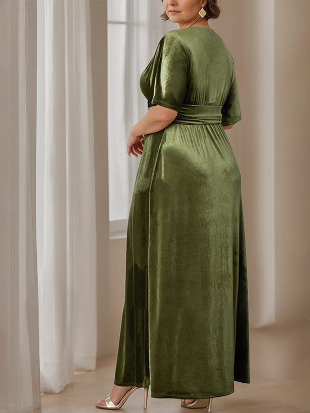 A Line Princess V Neck Half Sleeves Floor Length Plus Size Velvet Mother Of The Bride Dresses With Ruffles