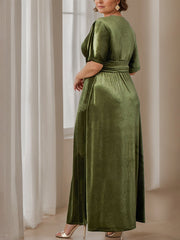 A Line Princess V Neck Half Sleeves Floor Length Plus Size Velvet Mother Of The Bride Dresses With Ruffles