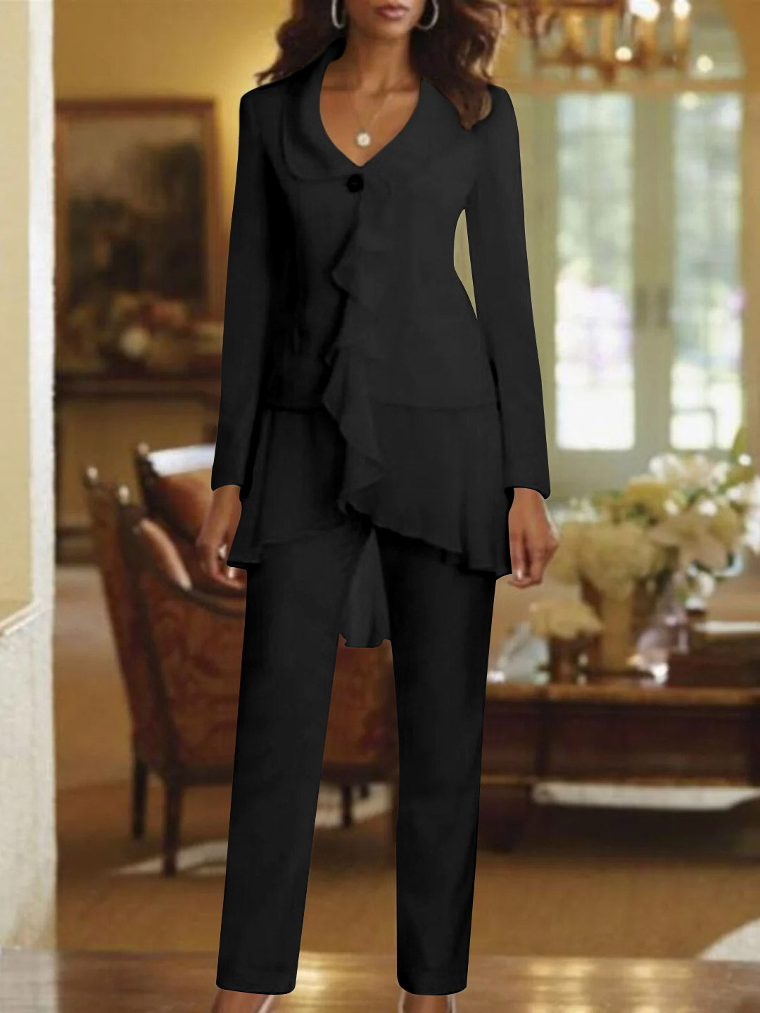 White V Neck Long Sleeves Floor Length Mother Of The Bride Pantsuits With Ruffle