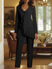White V Neck Long Sleeves Floor Length Mother Of The Bride Pantsuits With Ruffle