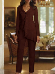 White V Neck Long Sleeves Floor Length Mother Of The Bride Pantsuits With Ruffle