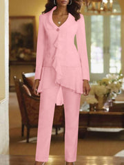White V Neck Long Sleeves Floor Length Mother Of The Bride Pantsuits With Ruffle