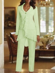 White V Neck Long Sleeves Floor Length Mother Of The Bride Pantsuits With Ruffle