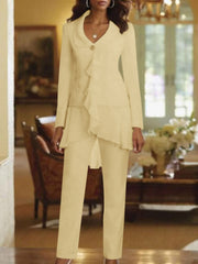 White V Neck Long Sleeves Floor Length Mother Of The Bride Pantsuits With Ruffle
