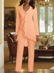 White V Neck Long Sleeves Floor Length Mother Of The Bride Pantsuits With Ruffle
