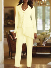 White V Neck Long Sleeves Floor Length Mother Of The Bride Pantsuits With Ruffle
