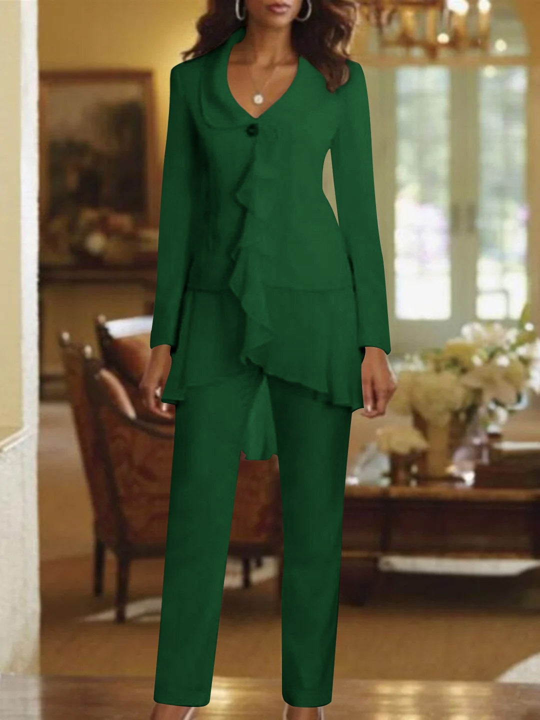 White V Neck Long Sleeves Floor Length Mother Of The Bride Pantsuits With Ruffle