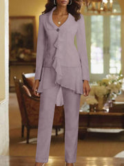 White V Neck Long Sleeves Floor Length Mother Of The Bride Pantsuits With Ruffle
