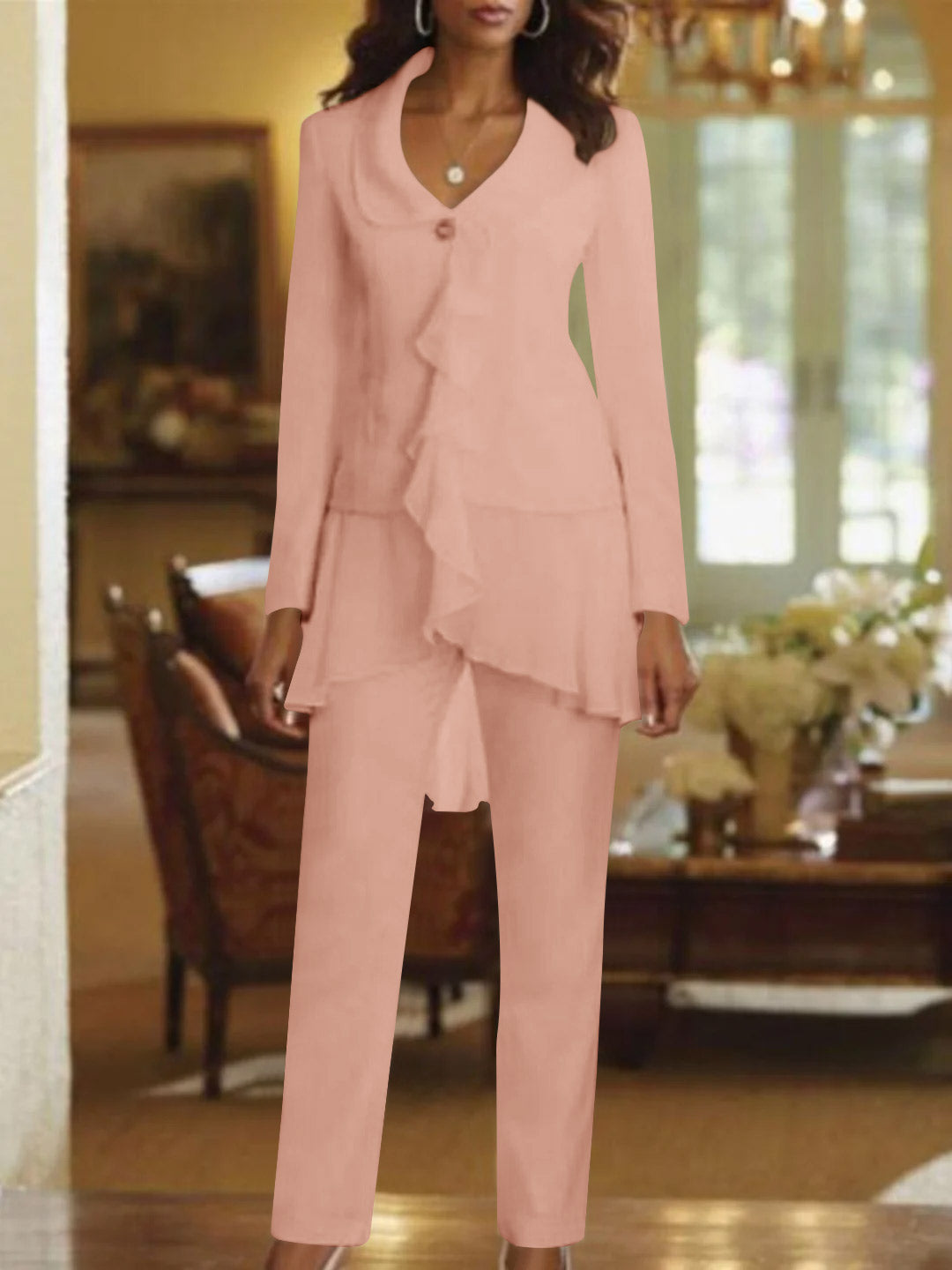 White V Neck Long Sleeves Floor Length Mother Of The Bride Pantsuits With Ruffle