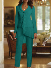 White V Neck Long Sleeves Floor Length Mother Of The Bride Pantsuits With Ruffle