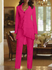 White V Neck Long Sleeves Floor Length Mother Of The Bride Pantsuits With Ruffle