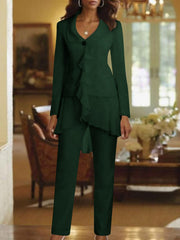 White V Neck Long Sleeves Floor Length Mother Of The Bride Pantsuits With Ruffle