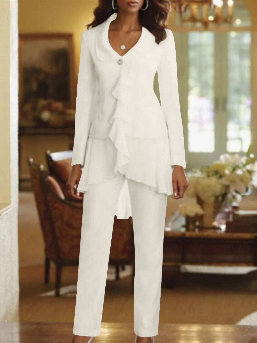 White V Neck Long Sleeves Floor Length Mother Of The Bride Pantsuits With Ruffle
