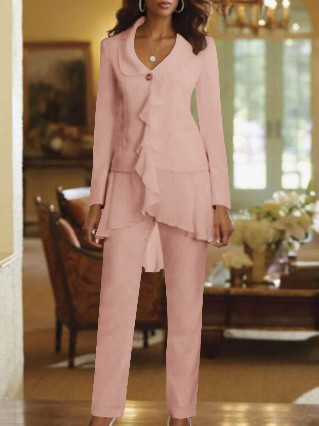 White V Neck Long Sleeves Floor Length Mother Of The Bride Pantsuits With Ruffle