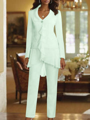 White V Neck Long Sleeves Floor Length Mother Of The Bride Pantsuits With Ruffle