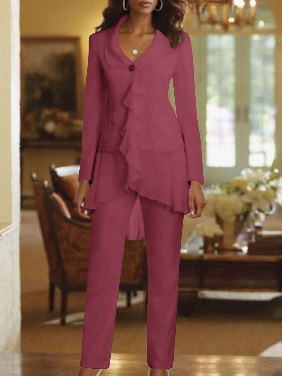 White V Neck Long Sleeves Floor Length Mother Of The Bride Pantsuits With Ruffle