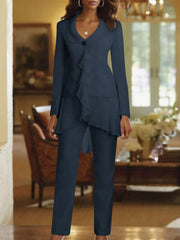 White V Neck Long Sleeves Floor Length Mother Of The Bride Pantsuits With Ruffle