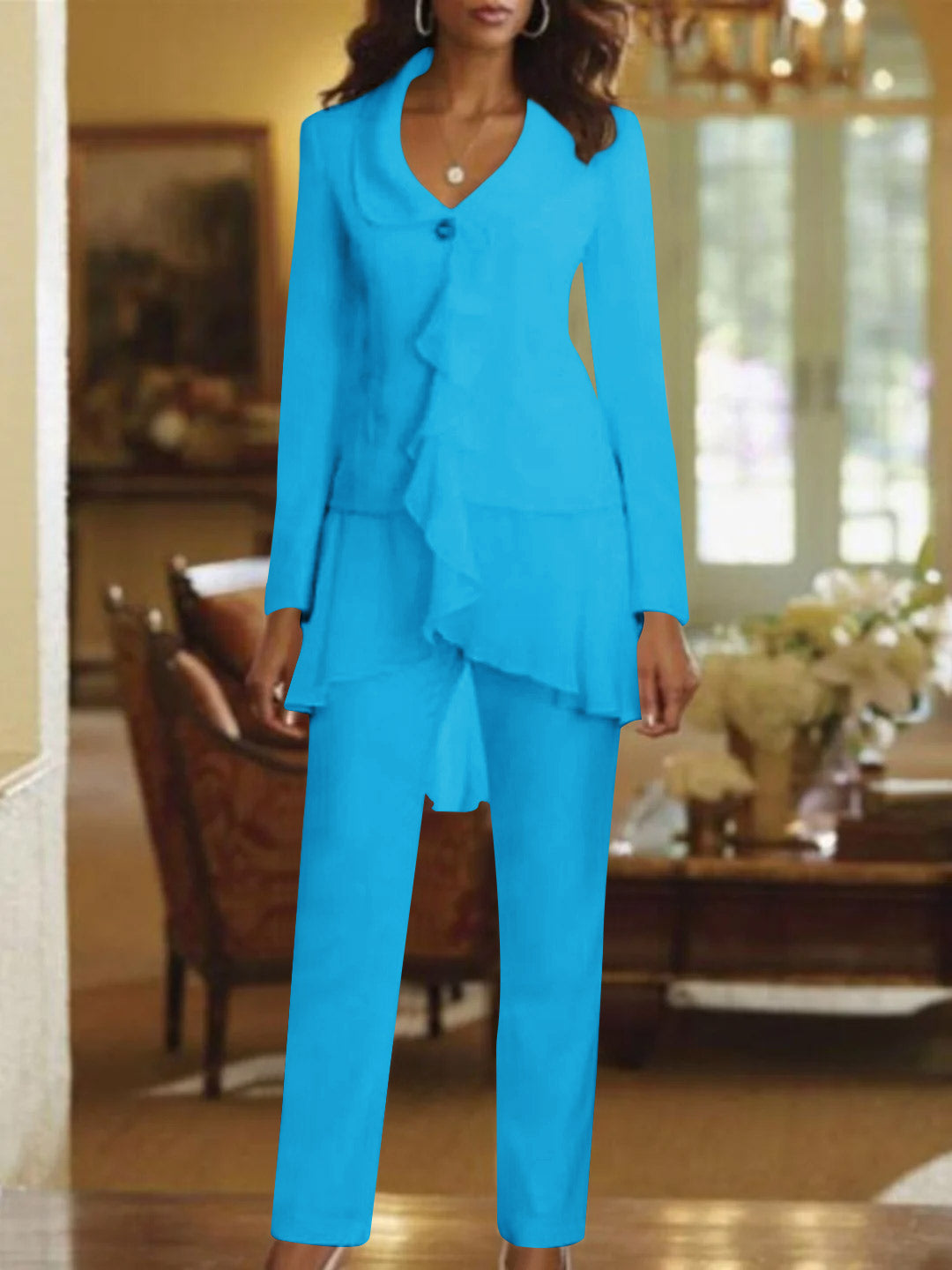 White V Neck Long Sleeves Floor Length Mother Of The Bride Pantsuits With Ruffle