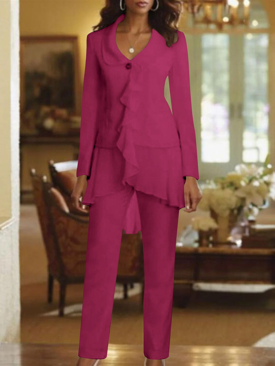 White V Neck Long Sleeves Floor Length Mother Of The Bride Pantsuits With Ruffle