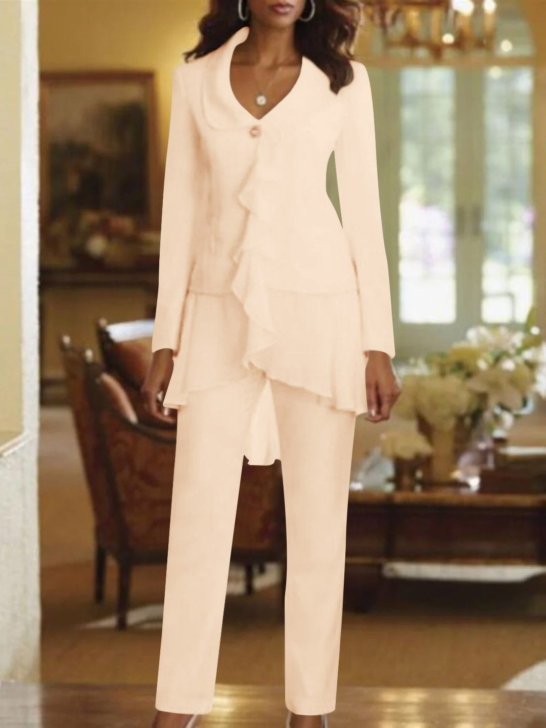 White V Neck Long Sleeves Floor Length Mother Of The Bride Pantsuits With Ruffle