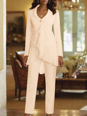 White V Neck Long Sleeves Floor Length Mother Of The Bride Pantsuits With Ruffle