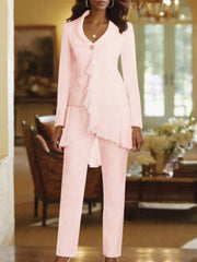 White V Neck Long Sleeves Floor Length Mother Of The Bride Pantsuits With Ruffle