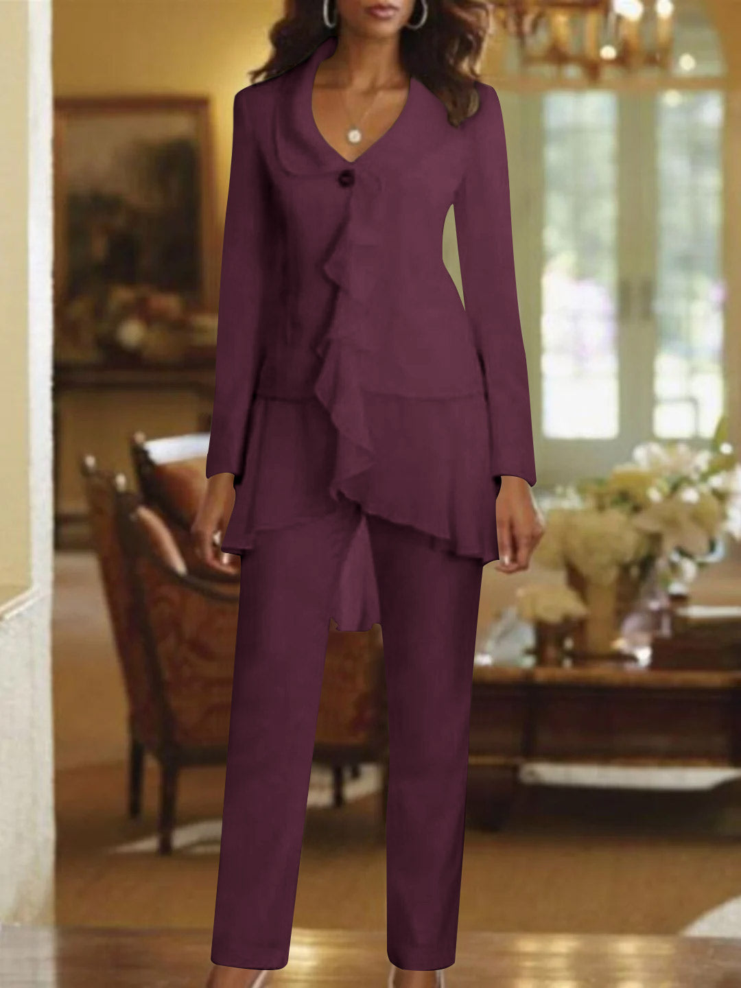 White V Neck Long Sleeves Floor Length Mother Of The Bride Pantsuits With Ruffle