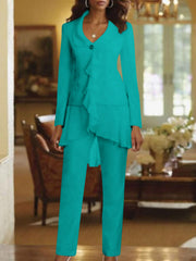 White V Neck Long Sleeves Floor Length Mother Of The Bride Pantsuits With Ruffle