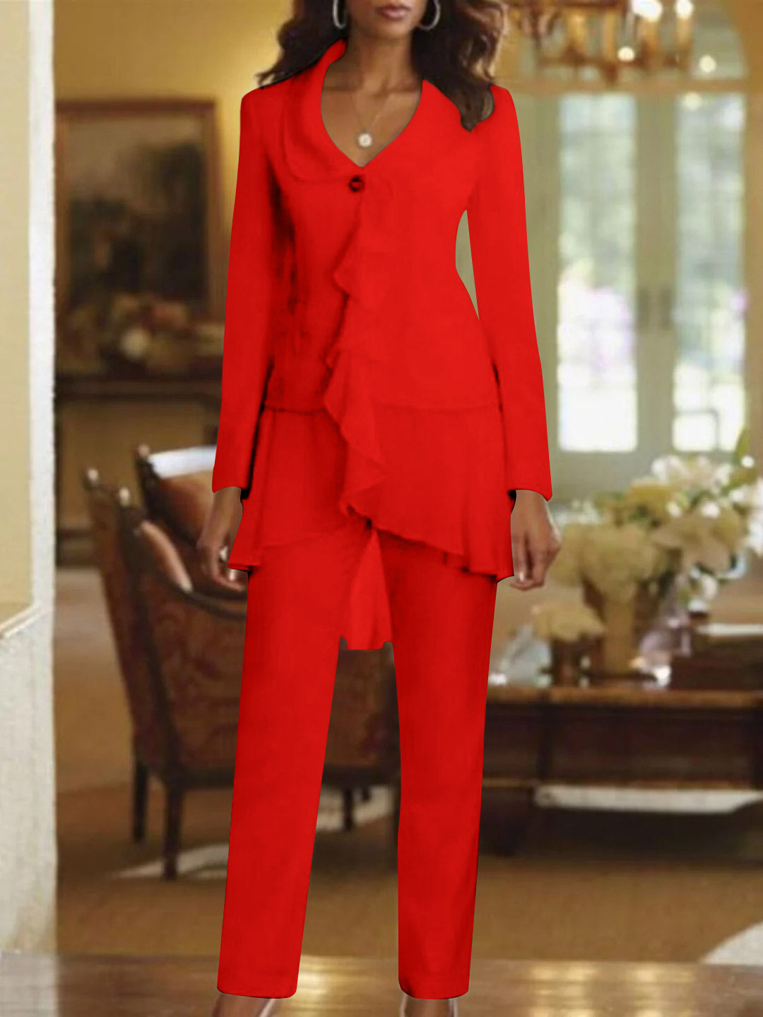 White V Neck Long Sleeves Floor Length Mother Of The Bride Pantsuits With Ruffle