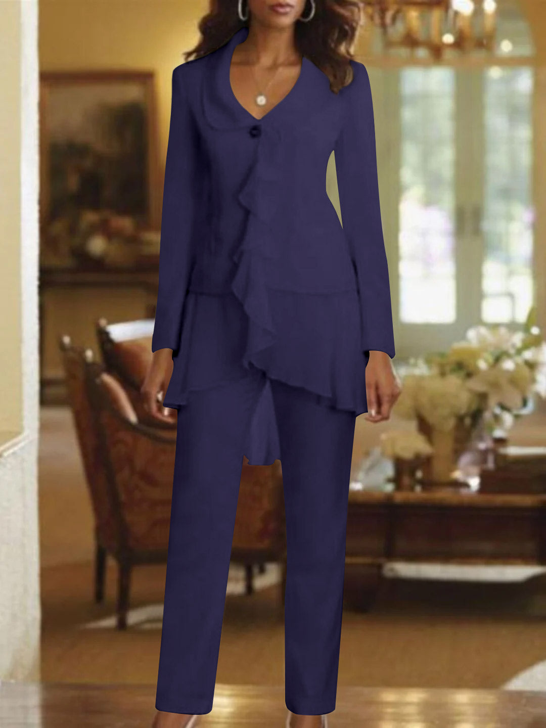 White V Neck Long Sleeves Floor Length Mother Of The Bride Pantsuits With Ruffle